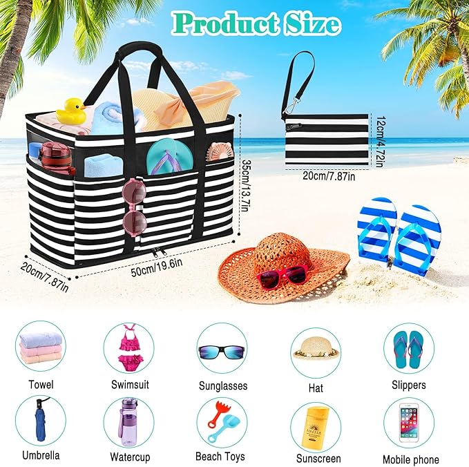 Large Beach Bag with Zipper, 12 Pockets Waterproof Sandproof Pool Bag Womens Mesh Beach Tote Bag for Travel Vacation