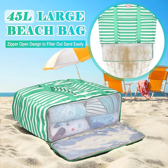 Large Beach Bag with Zipper, 12 Pockets Waterproof Sandproof Pool Bag Womens Mesh Beach Tote Bag for Travel Vacation