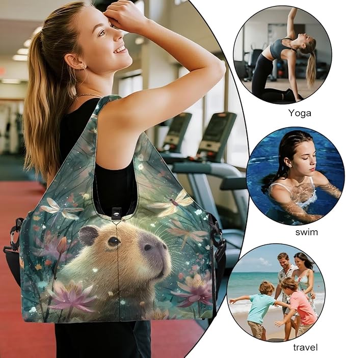 Capybara Dragonfly Sport Travel Duffle Bag with Shoe Compartment Women's Large Tote Bag for Beach Swim Airplane Weekender Carry on Bags Ladies Overnight Organizer