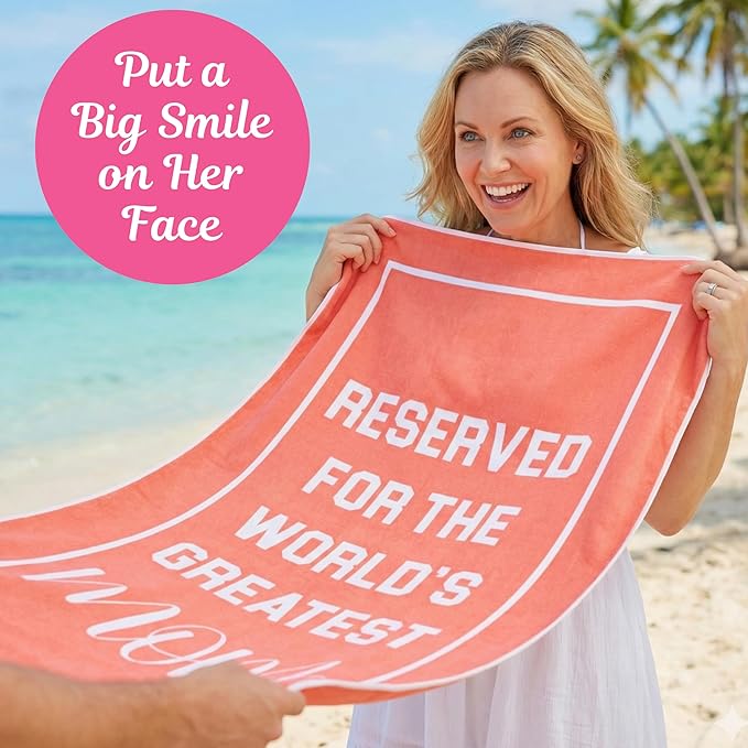 Mom Beach Towel for Best Woman Ever - Travel Friendly Summer Essential for New Mothers - Unique Birthday Present from Daughter or Son - Coral Pool Accessory - 60x30 Size