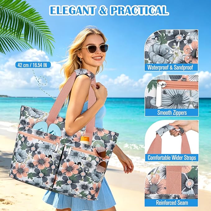 HUANLANG Large Beach Bags for Women Pool Bag with Zipper, Waterproof Sandproof Beach Tote Travel Bag with Wet Pocket | Waterproof, Large capacity, Dry/wet separation, Cooling function, Durable fabric, sandproof