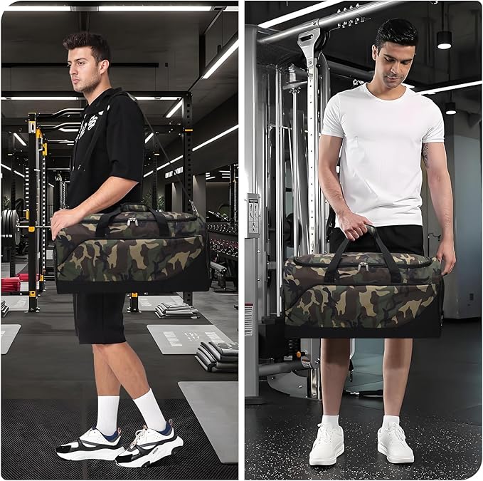 iFARADAY 52L Men's Gym Bag with Shoe Compartment - 24-inch Duffle Bag for Travel, Sports, Fitness & Workout (Camo)