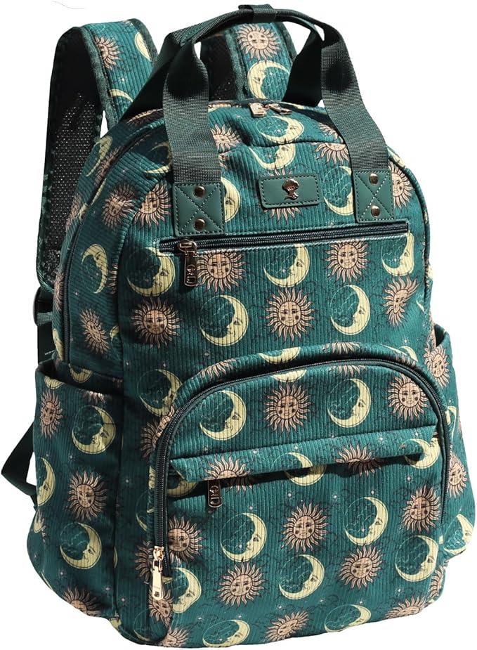 Diaper Bag Backpack, Large Capacity Multifunction Baby Essentials Fashion Travel Pack Linen Canvas office Laptop Bag (Corduroy Dark Green Moon)