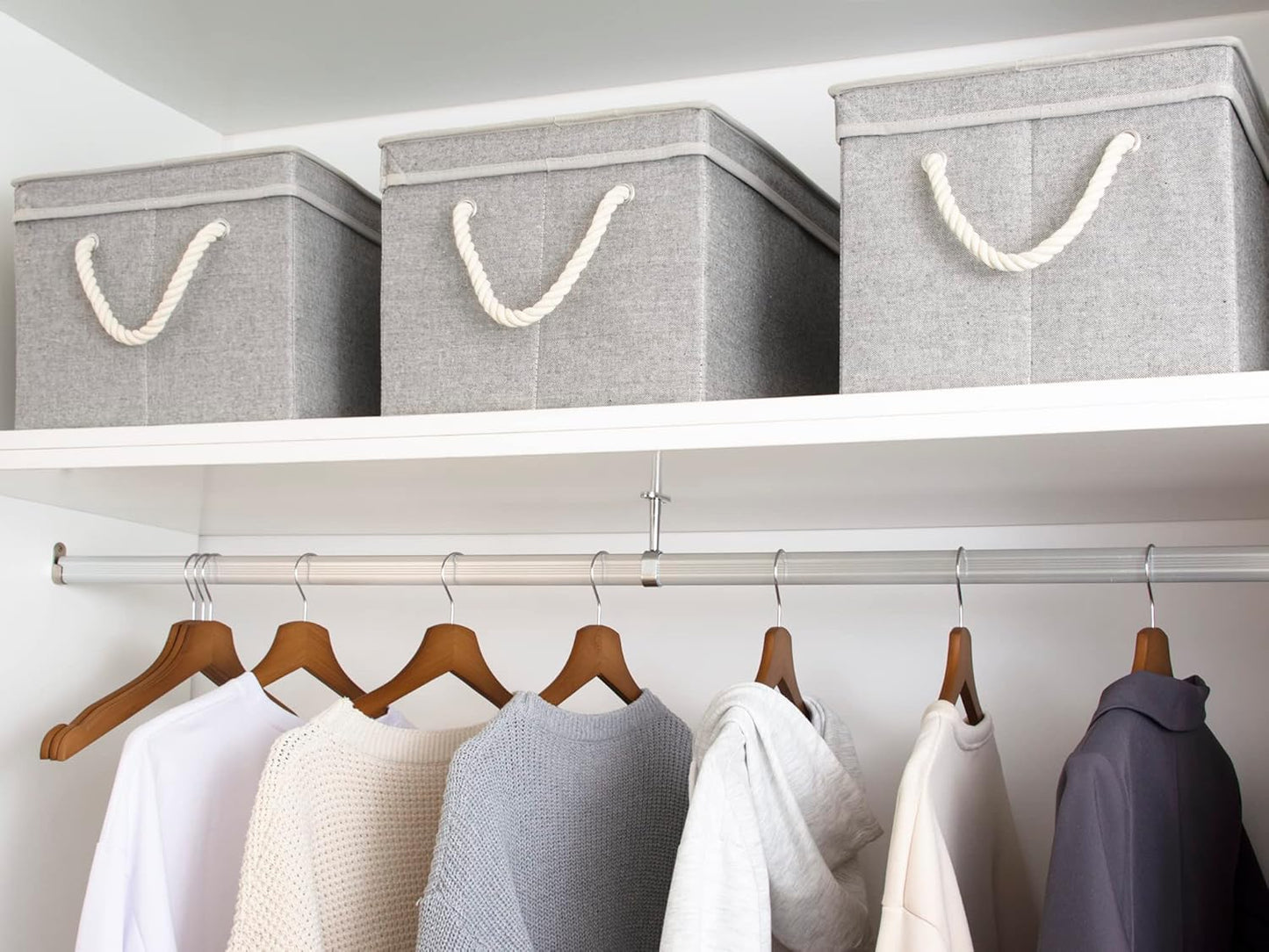 StorageWorks Storage Bins with Lids, Decorative Storage Boxes with Lid and Soft Rope Handles, Foldable Storage Baskets for Closet, Shelves, Stackable, 3-Pack, Gray, Jumbo