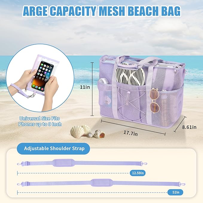 Mesh Beach Bag, Foldable Extra Large Beach Bags with Zipper Pool Bag with Portable Phone Pouch for Vacation Pool
