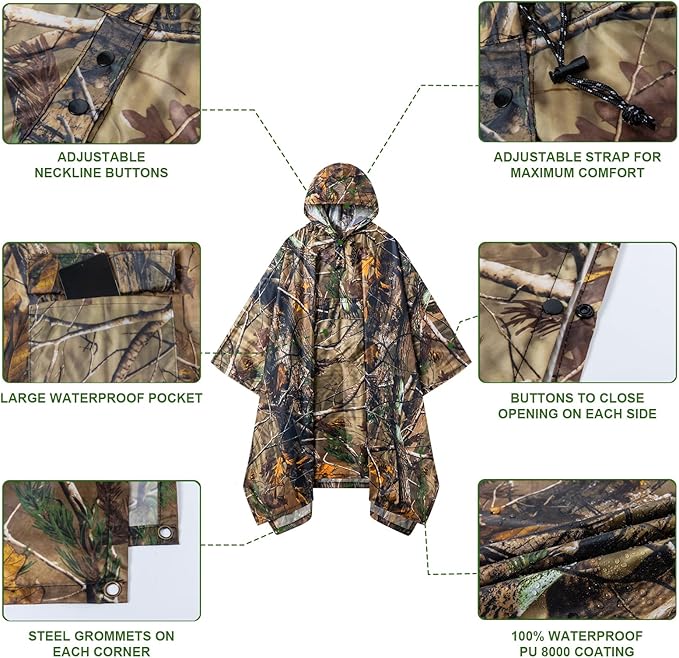 Hooded Rain Poncho for Adults - Waterproof Rain Coat and Lightweight Jacket 3-in-1 Multi-Function with Pockets