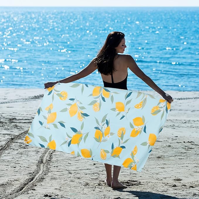 LIVILAN Blue Lemon Beach Towels, 30 x 60 Oversized Absorbent Thin Soft Blanket Towel, Lightweight Quick Dry and Sand Free Bath Pool Towel as Gifts for Kids Adults
