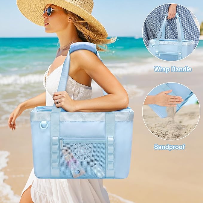 Yarwo Beach Bag for Women, Sandproof Swim Tote Bag with Cooler Compartment and Wet & Dry Pockets for Pool Cruise Vacation