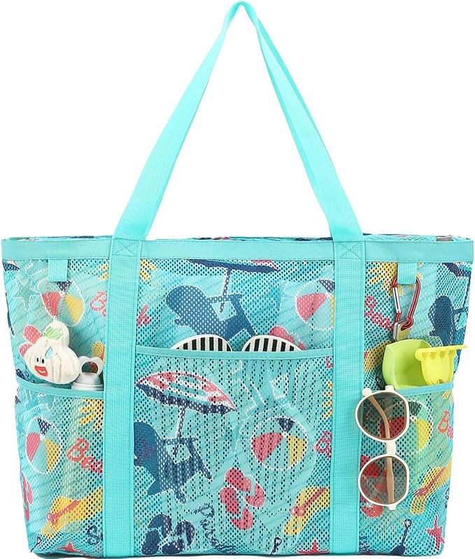 Mesh Beach Bag with Zipper, Large Beach Tote for Women, Toys Pool Swim Bag Travel Vacation Cruise Essentials