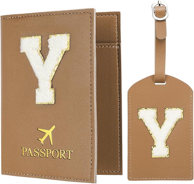 PATIKIL Passport Holder for Travel, Initial Passport Cover and Luggage Tag Set with Alphabet Chenille Letter Patch Travel Wallet Bag Suitcase Identifier for Women Family Travel Brown Y