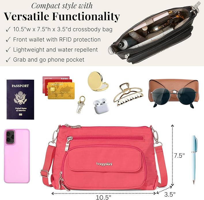 Baggallini Original Everyday 11x7.5 Crossbody Bags Rfid Protected Lightweight Nylon Zippered Travel Purse