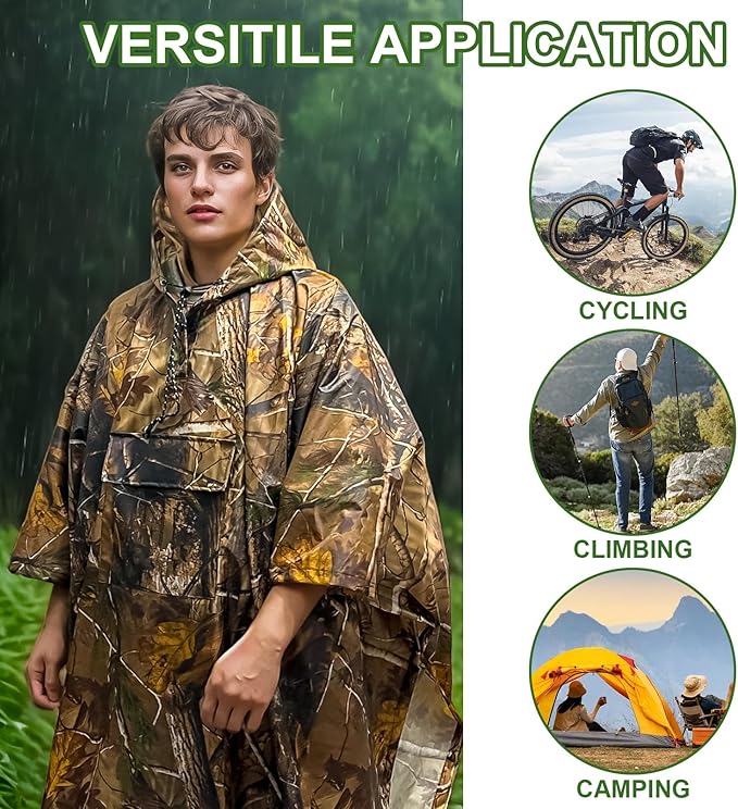 Hooded Rain Poncho for Adults - Waterproof Rain Coat and Lightweight Jacket 3-in-1 Multi-Function with Pockets