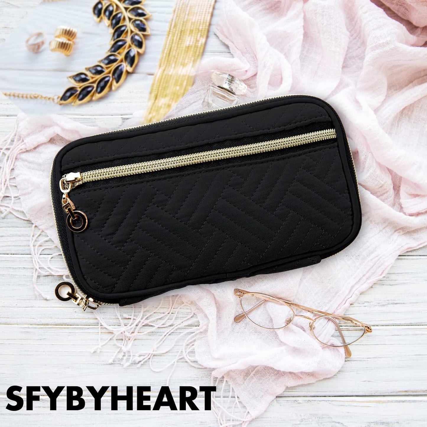 SFYBYHEART Travel Jewelry Organizer Case, Jewelry Travel Bags for Women, Small Travel Jewelry Case for Tangle-Free Earrings, Necklaces, Rings Storage, Travel Accessories, Black