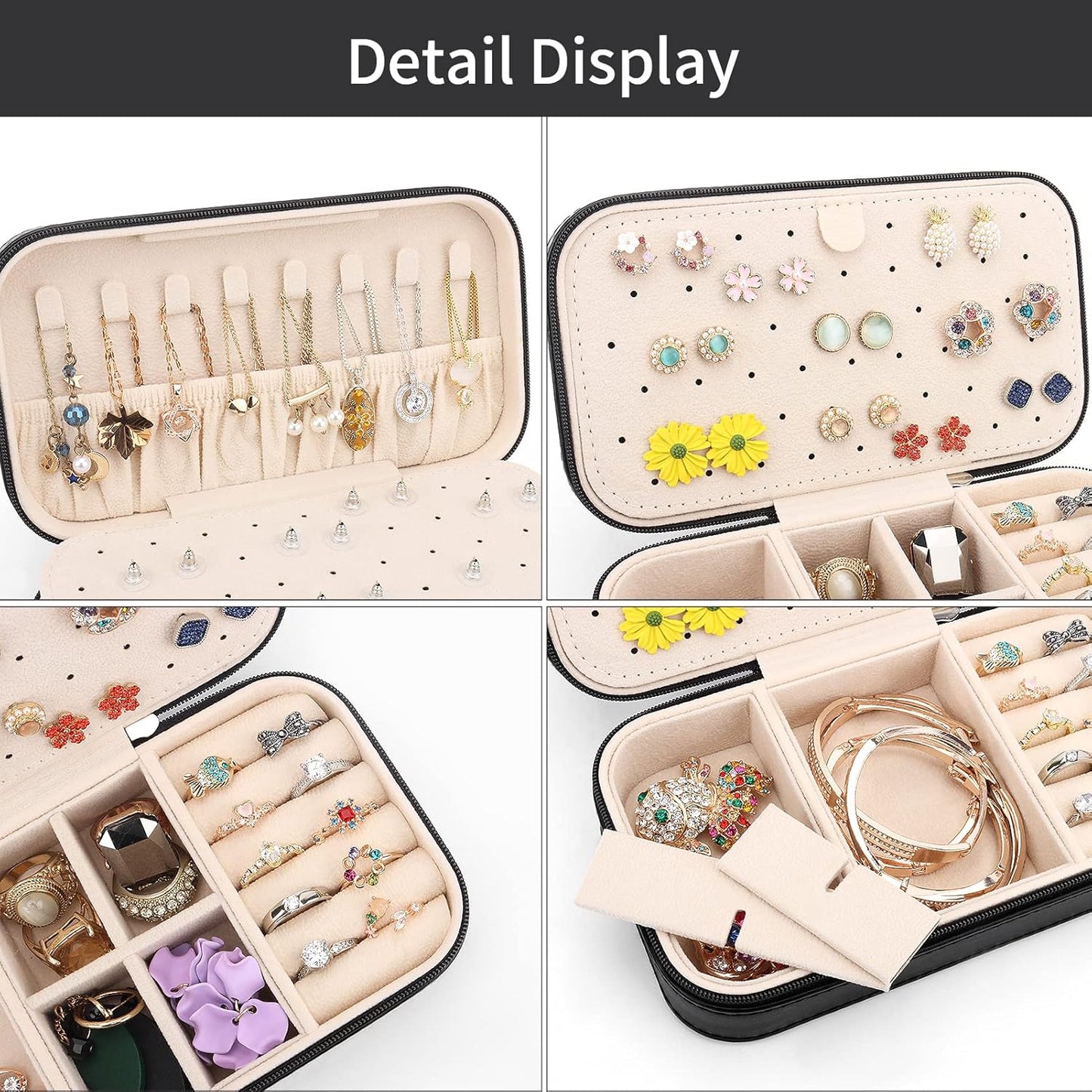 DesignSter Travel Jewelry Box, PU Leather Portable Jewelry Case, Small Jewelry Boxes for Gifts, Travel Jewelry Organizer for Women Rings Earrings Necklaces Bracelets (Black)