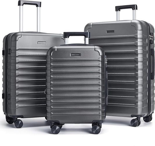LIGHT FLIGHT Luggage Sets, 3 Piece Durable Suitcase Set with Spinner Wheels, 3 Pcs Hardside Lightweight luggage with TSA Lock, Large Checked Travel Suitcases, 20/24/28 Inch, Gray