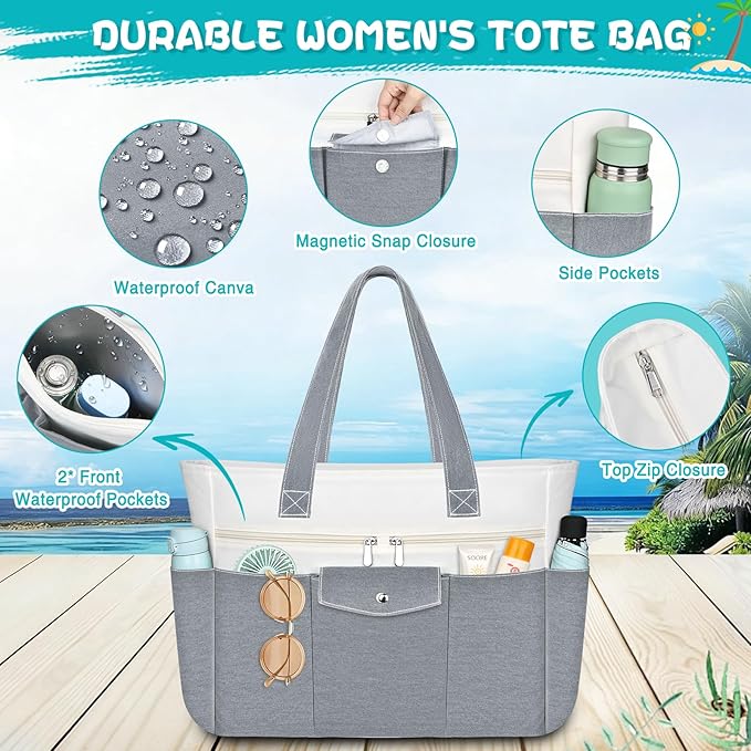 Beach Bags for Women Large Canvas Beach Tote with Zipper Wet Pocket, Waterproof Foldable Swim Pool Travel Tote Bags