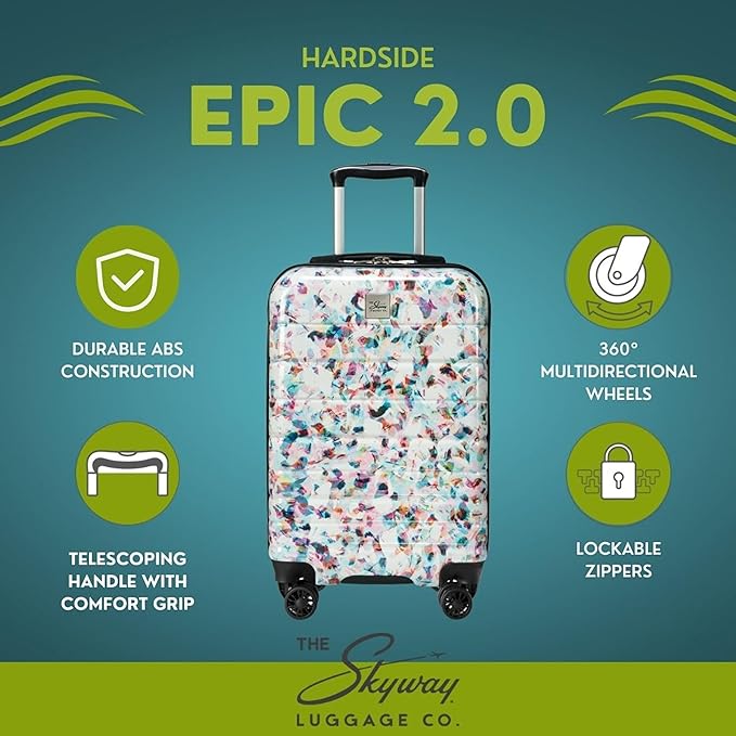 Skyway Epic 2.0 Hardside Lightweight and Durable ABS Shell Luggage, Spacious with Dual Spinning Wheels, Comfort Grip, Men and Women, Carry-on, 20-inch, Confetti