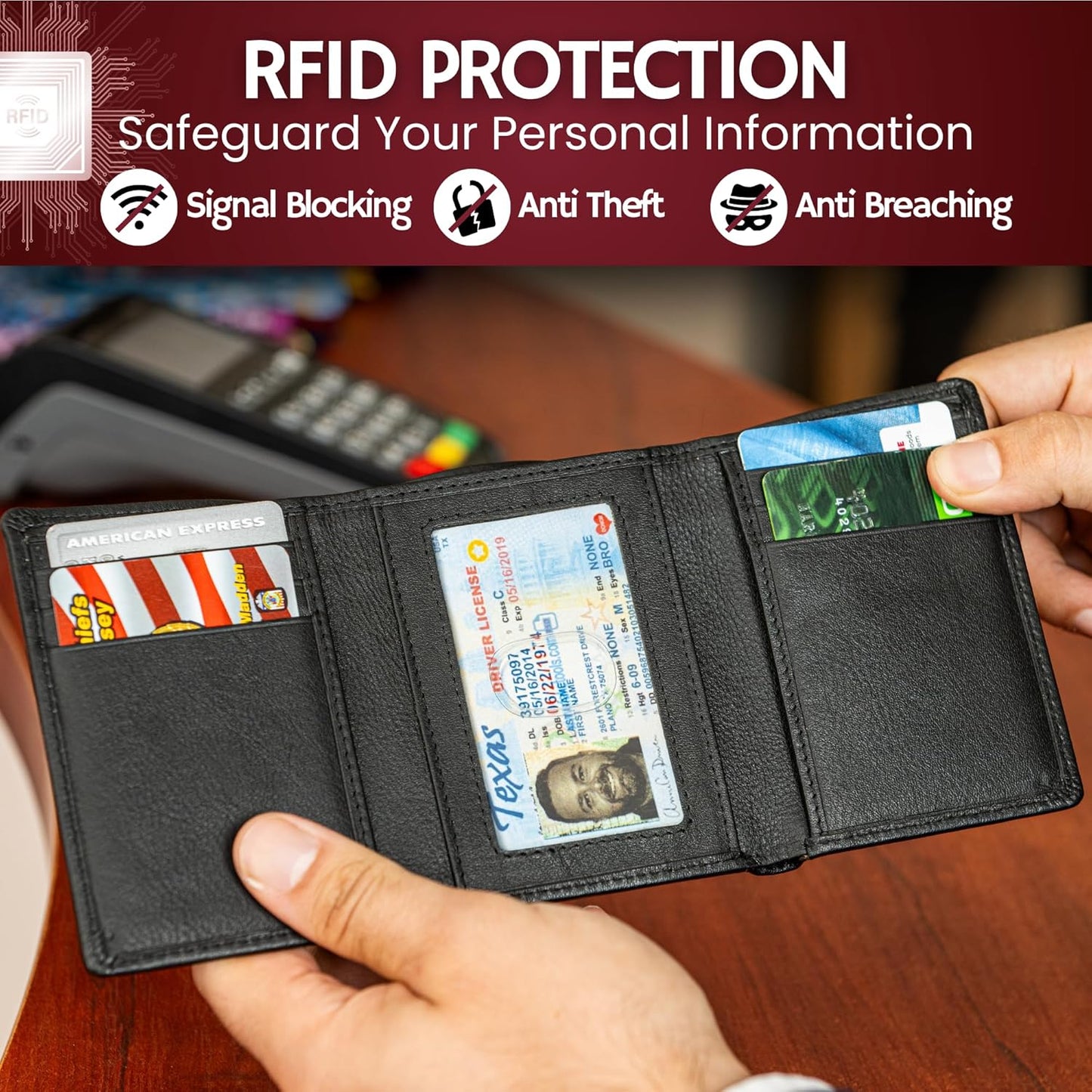 BULL GUARD Mens RFID Wallet, Black Top Grain Genuine Leather, ID and Secret Pocket, Trifold for Work, Sport, Outdoors