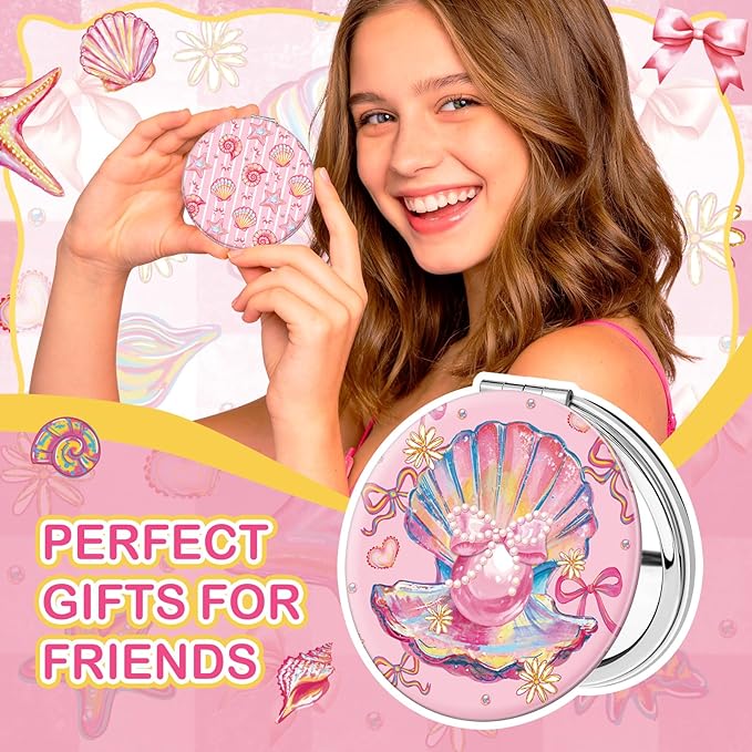 Weysat 9 Pcs Pink Seashell Bow Compact Mirrors Double Sided Magnifying Makeup Mirrors with PU Leather Case Portable Pocket Mirror for Women Girl Mother's Day Wedding Bridesmaids Gifts