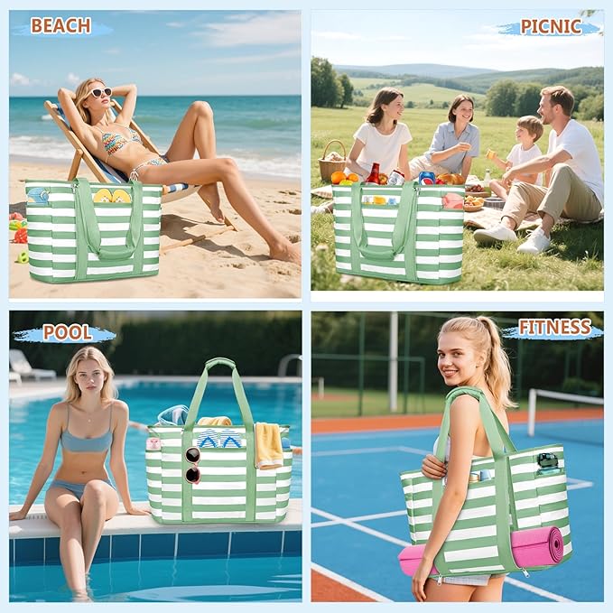 Extra Large Beach Bags for Women, Waterproof Sandproof Beach Tote Bag Foldable Swim Pool Bag with Zipper and Wet Pocket