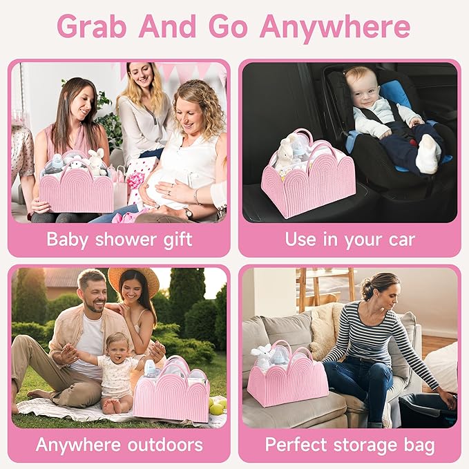 Diaper Basket Organizer - Cotton Pink Diaper Caddy Basket, Removable Diaper Storage Basket with Handle, Car Diaper Caddy, Boy & Girl Gift for Baby Shower and Registry Must-Pink