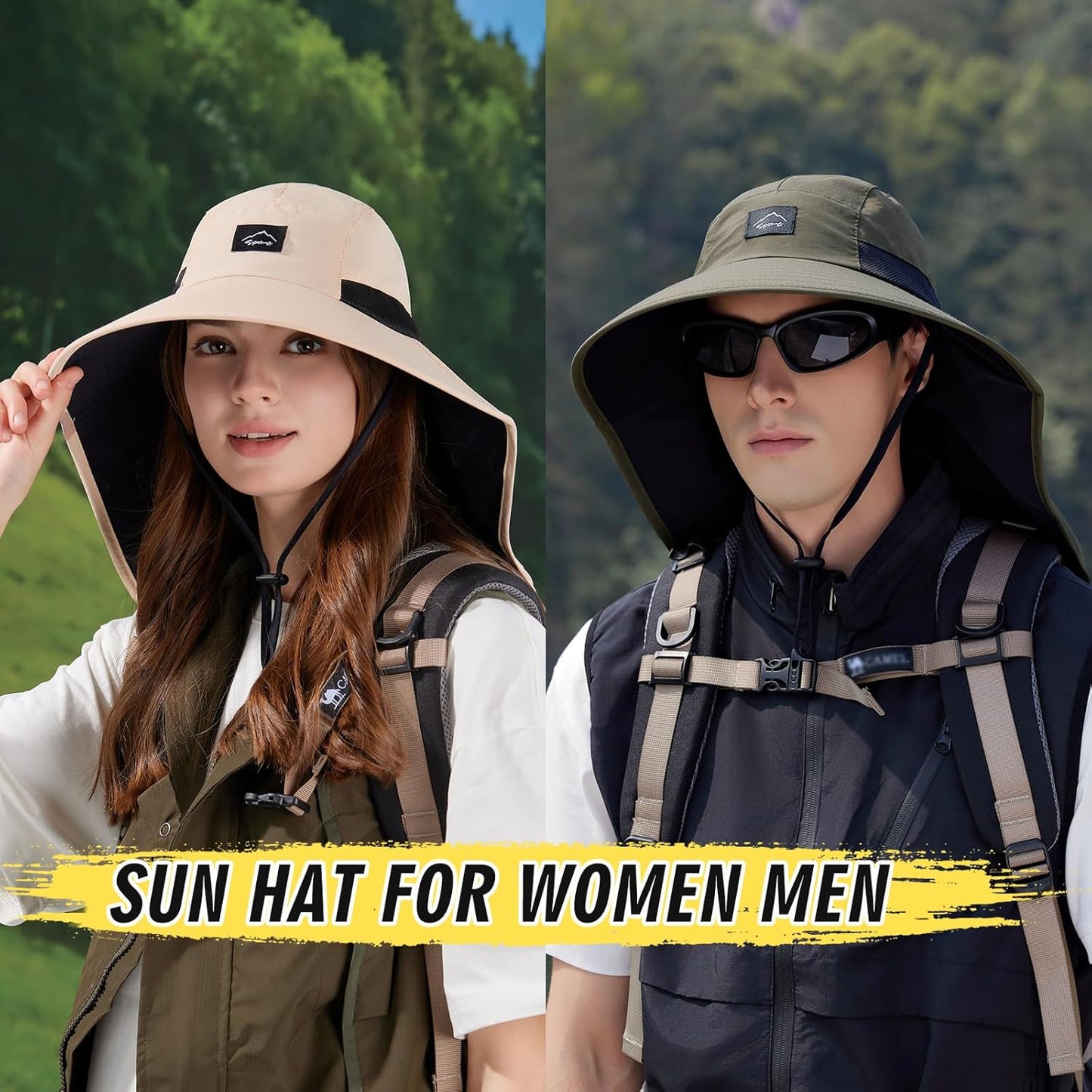Rosoz Outdoor Sun Hat for Men Women, UPF50+ Protection Safari Cap Wide Brim Mesh Fishing Hat with Neck Flap Beach Garden