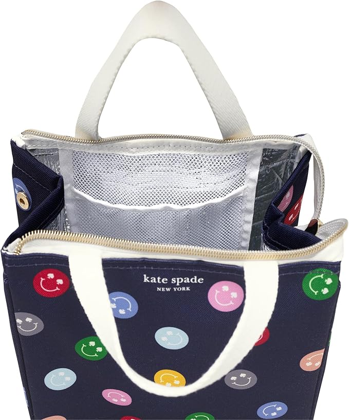 kate spade new york Cute Lunch Bag for Women, Large Capacity Adult Lunch Box with Silver Thermal Insulated Interior Lining and Storage Pocket (Spade Smiley)
