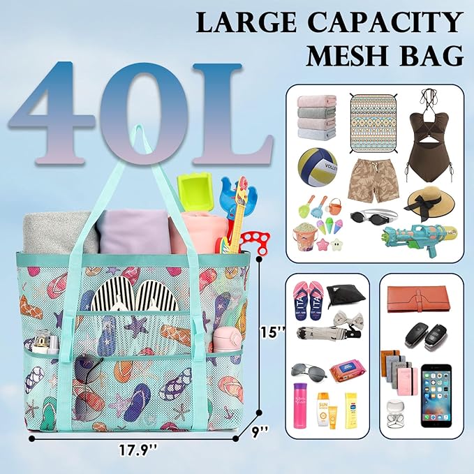 Mesh Beach Bag, Large Beach Tote with Zipper Pocket, Toys Pool Bag for Family Travel Vacation Cruise Essentials
