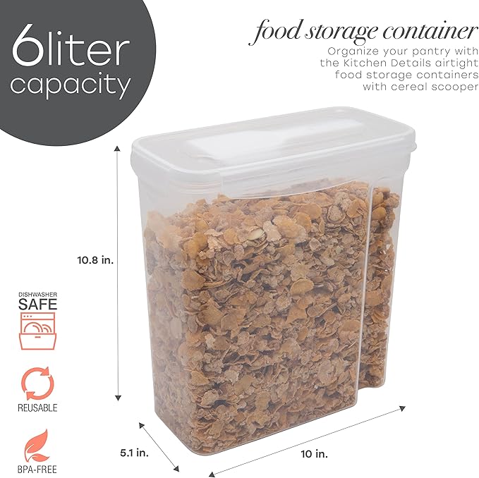 Kitchen Details Cereal Container with Scooper | Large | Airtight | Food Tin | Keeps Fresh | Kitchen & Pantry Storage Organizers | Clear