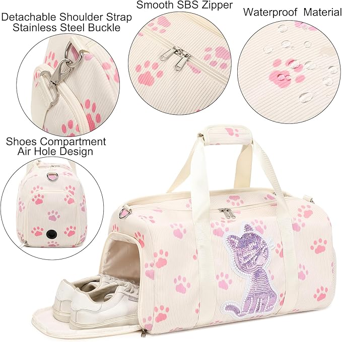 Dance Bag for Girls Sports Duffle Gym Ballet Weekender Overnight Bags with Separate Dry Wet Pocket and Shoes Compartment for Teen Girls Corduroy Sequined Cat（Cat Beige）