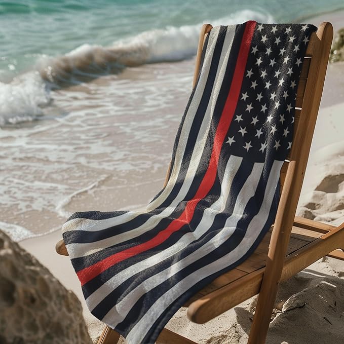 Fallen First Responder Beach Towel 30”x60” – 100% Cotton Velour, Absorbent, Quick-Dry, Easy Pack for Travel, Beach, Pool, or Sunbathing – Lightweight, Compact Thin Blue, Red & Green Line Tribute