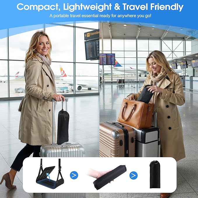 Airplane Foot Rest - Lightweight Foot Hammock for Plane Travel with Adjustable Strap & Thick Board, Tray Table Under Desk Footrest to Relax Feet, Travel Essentials for Long Flights(Black)