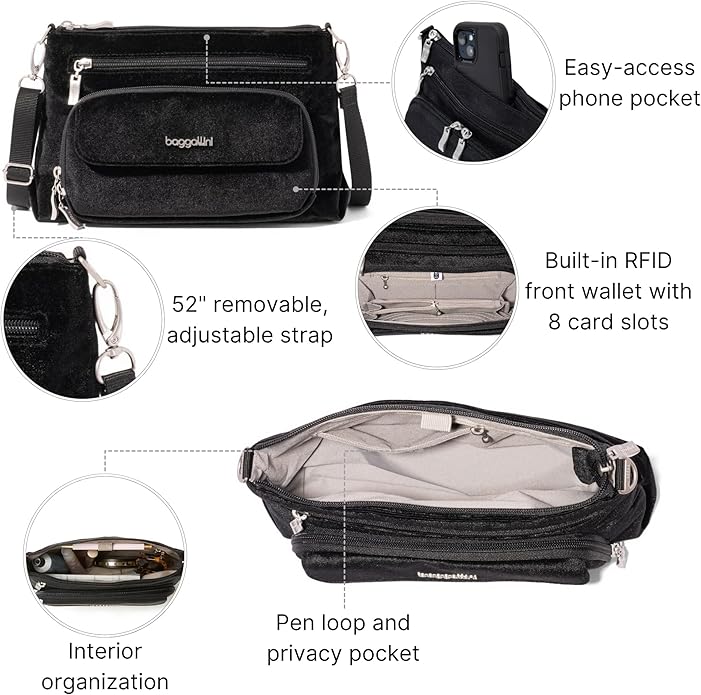 Baggallini Original Everyday 11x7.5 Crossbody Bags Rfid Protected Lightweight Nylon Zippered Travel Purse