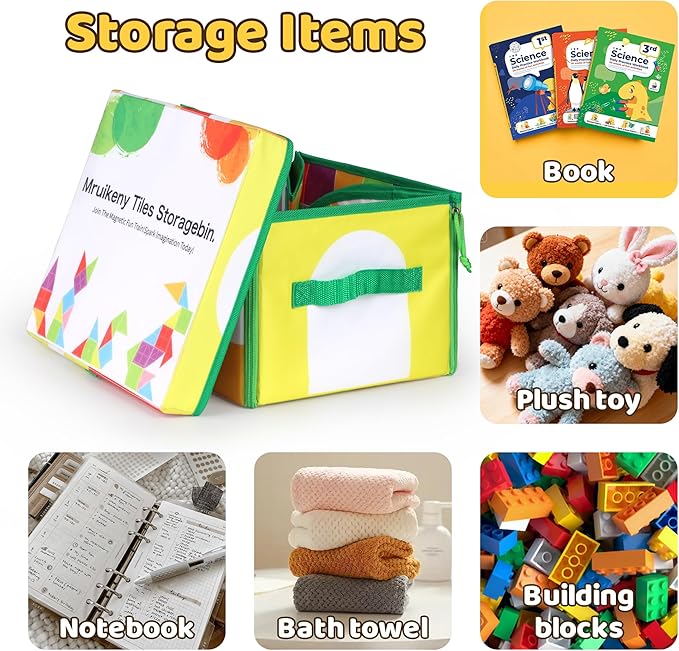 Magnetic Tiles Storage Bin & Interactive Playmat - Foldable Toy Organizer for Magnetic Tile, Portable Storage with Handles,12.6x11.4x7.7in Play Space for Home, Travel, Classroom