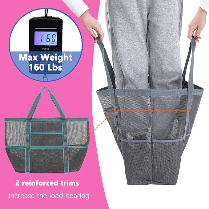 Mesh Beach Bag, Large Beach Tote with Zipper Pocket, Toys Pool Bag for Family Travel Vacation Cruise Essentials