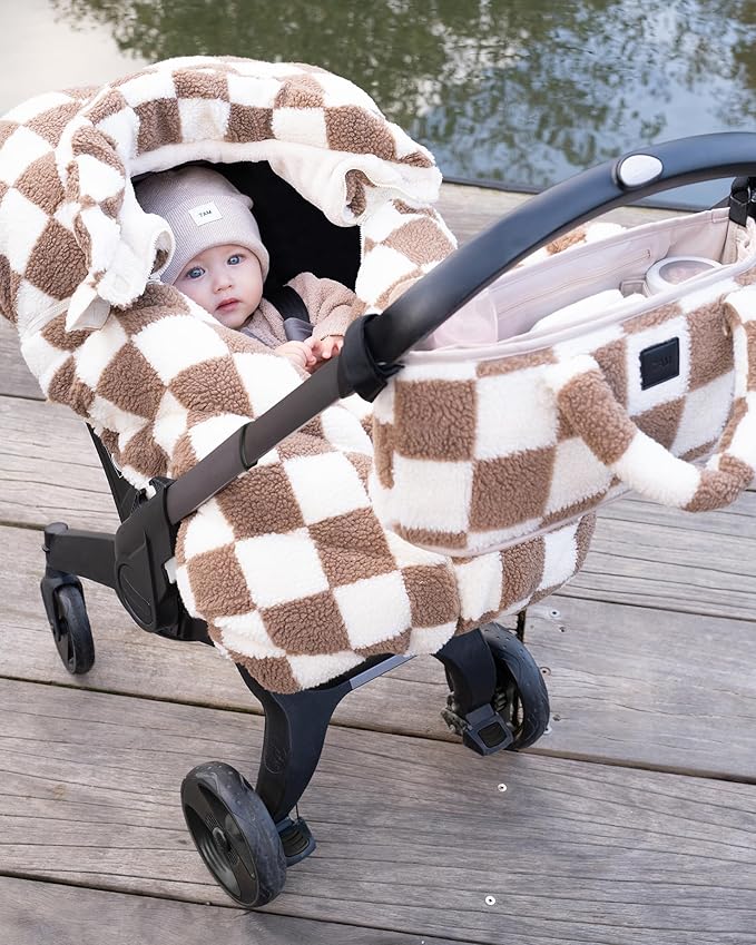 Universal Stroller Organizer Bag - Easy Grab Top Handles, Stroller Caddy with Cup Holder, 3 Open Compartments, Adjustable Stroller Straps & Zippered Wallet Pocket | (Print Checkers Tan)
