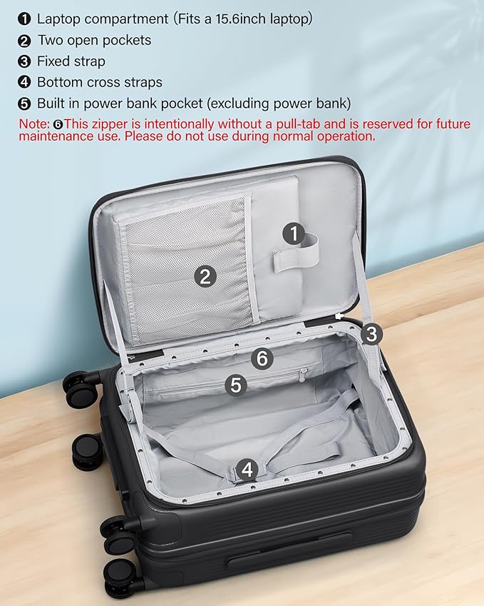 Hanke 20 Inch Expandable Carry On Luggage Airline Approved Top Opening Travel Luggage Rolling Suitcase with Cup Holder Hard Shell Suitcases with Wheels (Jet Black)