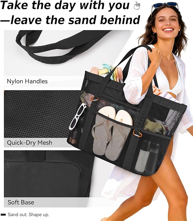 2026 Chic & Spacious XX-Large Beach Bag for Women — Mesh × Canvas Tote with Top Zipper, 11 Pockets, Detachable Pouch | 40L+ Spacious, 11 Tall Pockets, Zipper Pouch, Secure Zip-Top, Sand-Resistant Base