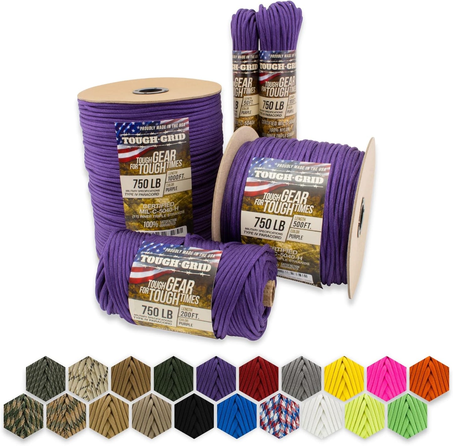 TOUGH-GRID 750 Paracord Rope Nylon Parachute Cord, Made in USA Survival Kit, Outdoor Adventures, Camping, Tactical Gear & Emergency Supplies, Military Type IV Mil-Spec