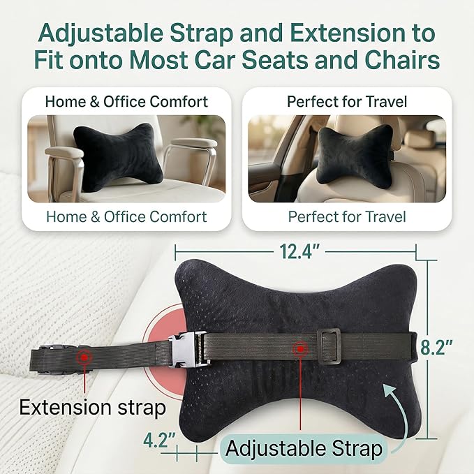 Aeris Car Headrest Pillow,%100 Memory Foam Car Neck Pillow for Driving with Strap - Carry Bag - Maximum Neck Support for Car Seat - Portable Small Travel Pillow - Perfect for Camping and Traveling