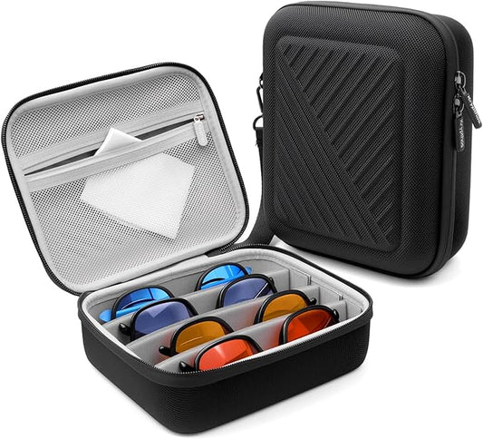 Krypthos Travel Sunglasses Organizer Case, Portable Eyeglasses Storage Box, Adjustable Multi-Compartments & Crushproof Design, Holds Up to 4 Pairs, Eyewear Display Case for Men Women
