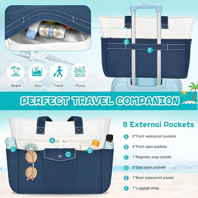 Beach Bags for Women Large Canvas Beach Tote with Zipper Wet Pocket, Waterproof Foldable Swim Pool Travel Tote Bags