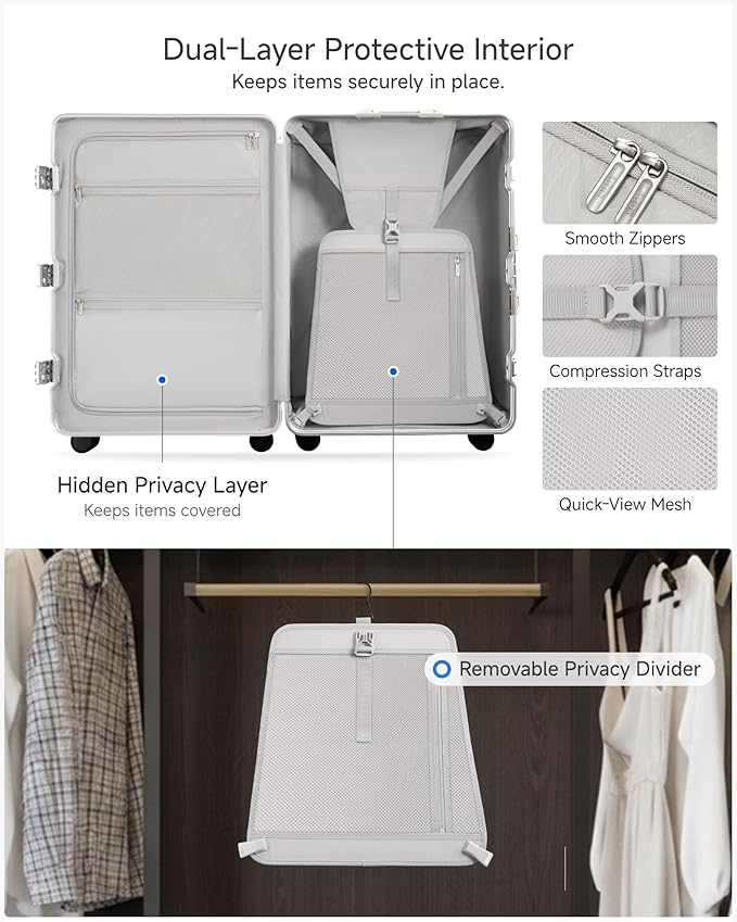 Luggage Sets with Spinner Wheels, 8010S Aluminum Frame Zipperless Polycarbonate Hard Shell Suitcase Sets (ZX-Core, Silver, 2 Piece (20/28))