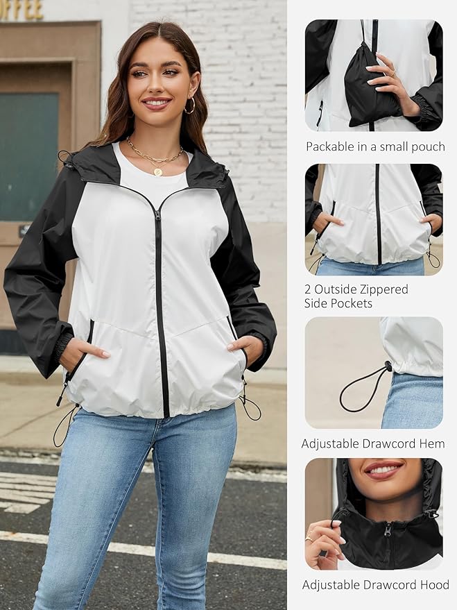 PITINAN Lightweight Rain Jacket Women Packable Wind Breaker Light Rain Jacket Women Waterproof Travel Raincoat S-XXL