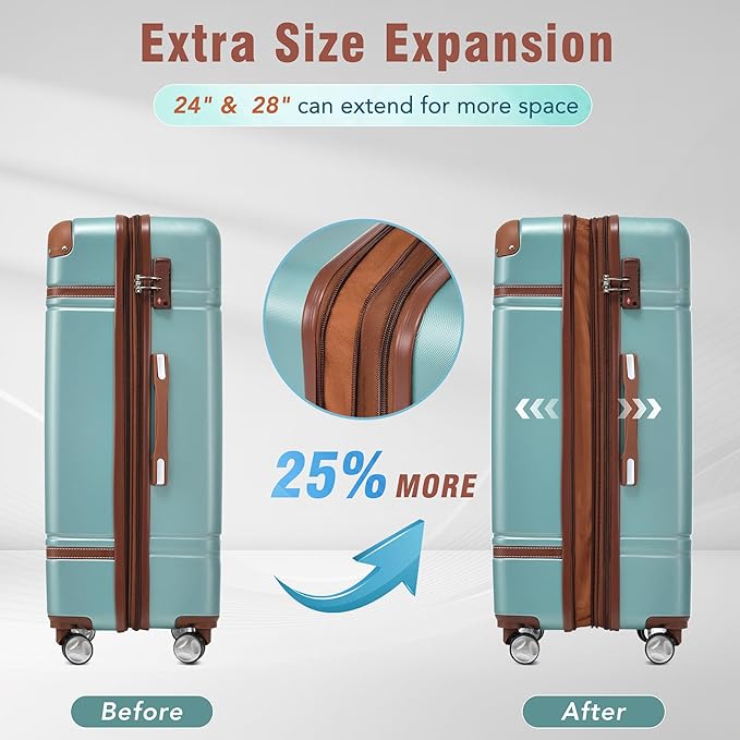 Merax 24 Inch Checked Luggage, Expandable Suitcase with Spinner Wheels, Hard Shell Vintage Luggage Set with TSA Lock(Green)
