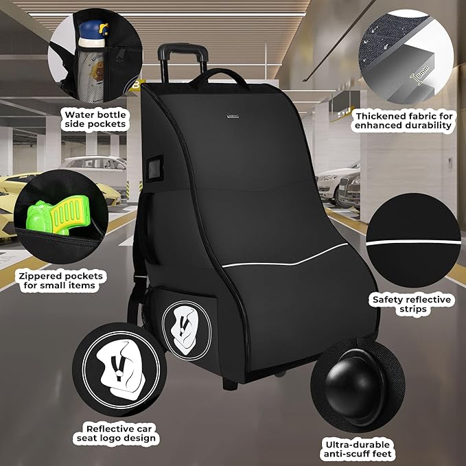 Car Seat Travel Bag with Wheels for Airplane, Waterproof Padded Car Seat Carrier Backpack for Airport, Fits Infant & Convertible Seats， Black