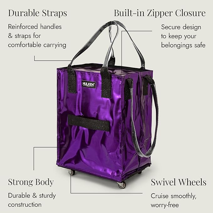 HULKEN - (Medium, Ultraviolet) Reusable Grocery Bag On Wheels, Shopping Trolley, Rolling Tote, Zipper Closure, Lightweight, Carries Up to 66 lb, Folds Flat, Unbreakable Handles