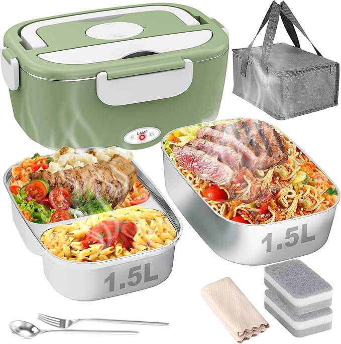 Electric Lunch Box for Men, Women & Adults - 80W Fast Heating - Heated Lunch Box with Dual 1.5L SS Containers - Portable Food Warmer for Car, Truck, Office