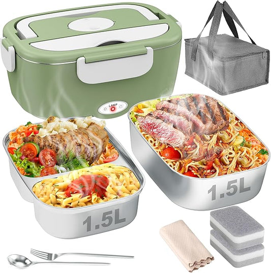 Electric Lunch Box for Men, Women & Adults - 80W Fast Heating - Heated Lunch Box with Dual 1.5L SS Containers - Portable Food Warmer for Car, Truck, Office