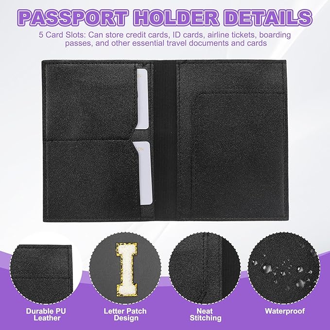 PATIKIL Passport Holder for Travel, Initial Passport Cover and Luggage Tag Set with Alphabet Chenille Letter Patch Travel Wallet Bag Suitcase Identifier for Women Family Travel Black I